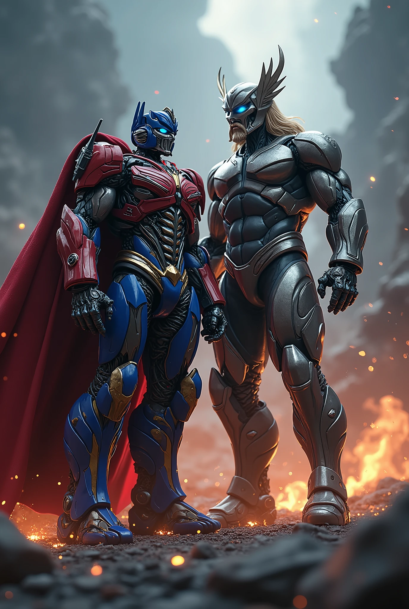 a highly detailed 3D render of Optimus Prime and Thor, hyper realistic, cinematic lighting, dramatic angle, powerful, muscular, epic, intricate mechanical details, metallic textures, glowing elements, dynamic poses, cinematic composition, dark moody color palette, dramatic shadows and highlights, photorealistic, masterpiece