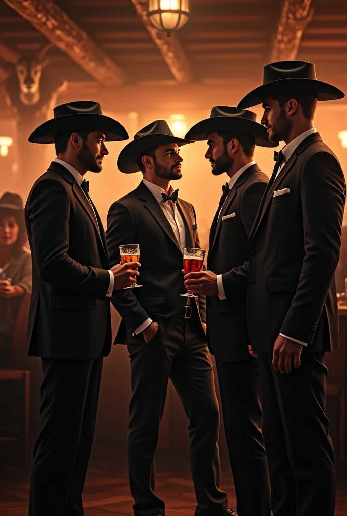 4 handsome beautiful man wanting to flirt with a handsome young man in a cowboy bar drinks in hand 