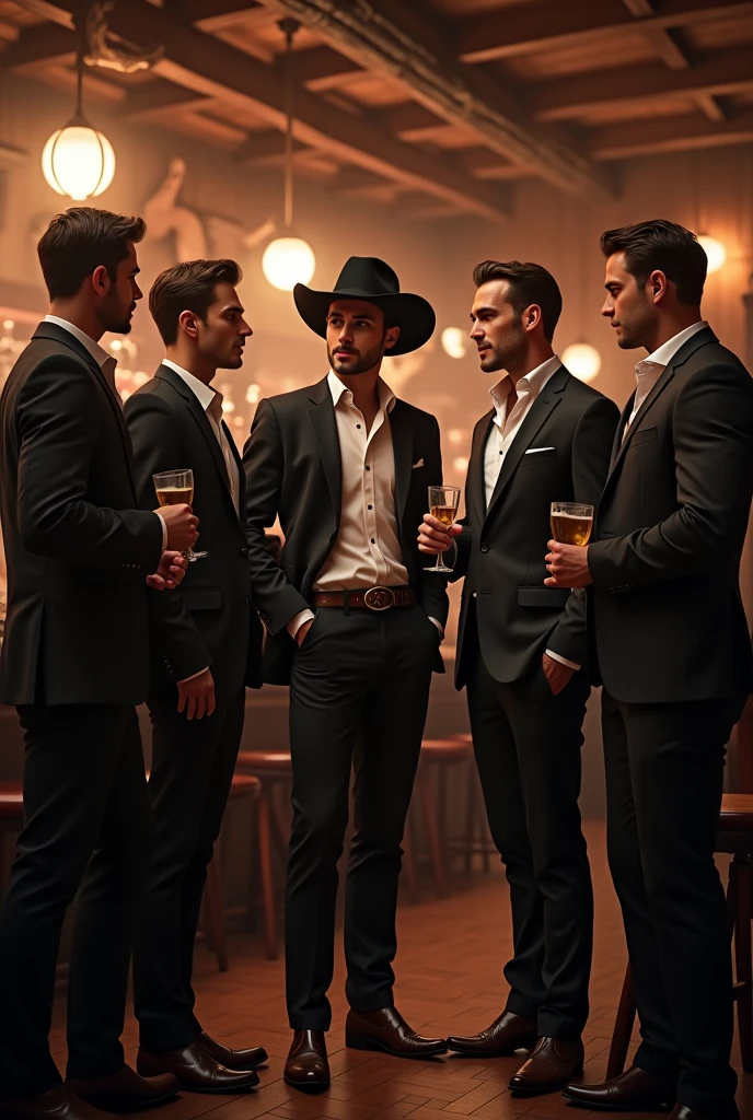 4 handsome beautiful man wanting to flirt with a handsome young man in a cowboy bar drinks in hand