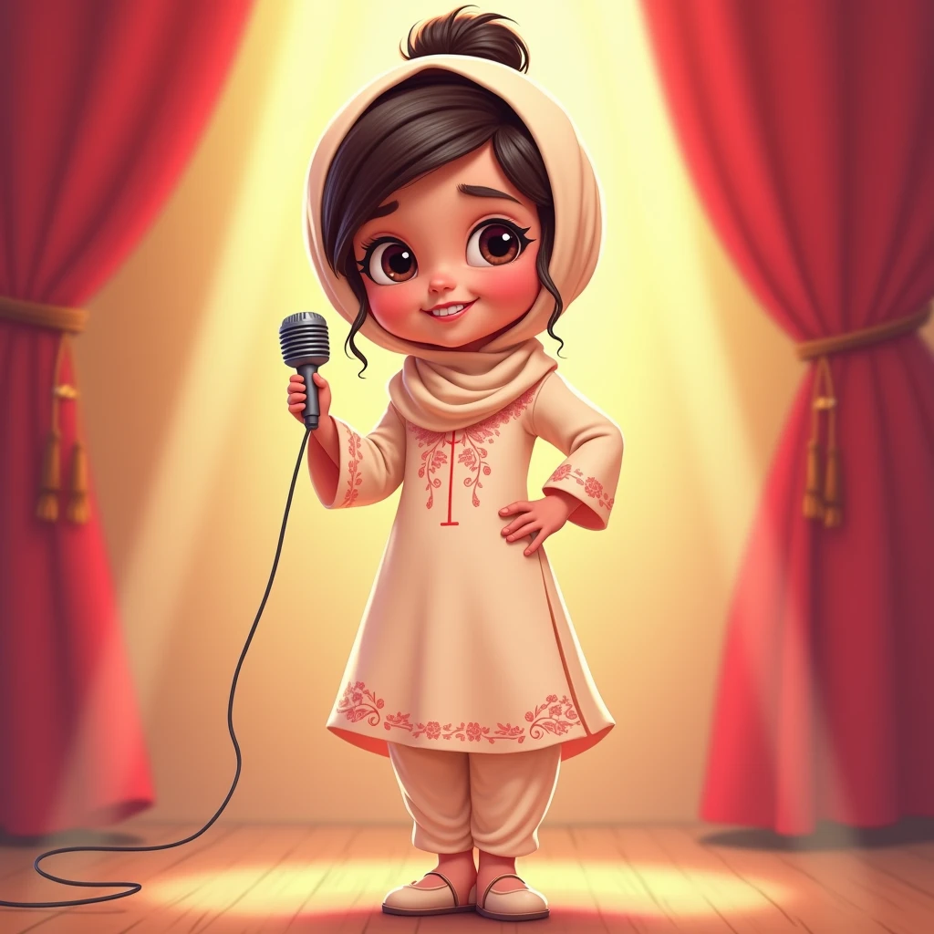 Lily, (highest quality, 4k, masterpiece:1.3), A young Pakistani Muslim girl wearing a traditional cream shalwar kameez with pink floral embroidery. Her hair is styled in a neat bun with loose strands framing her face, as seen in previous images. She stands with both hands on her hips, holding the microphone in one hand, looking confidently into the camera. The image is in a 2D animation style, with bright colors, cartoonish features, and soft, smooth shading. The background shows soft curtains, warm stage lighting, and a playful, joyful atmosphere. Clear outlines, simple textures, and an illustrated, digital painting look. (Cream shalwar kameez, pink floral embroidery, consistent outfit:1.3), (same hairstyle as before:1.3), (microphone in hand:1.3), (microphone always visible:1.3)