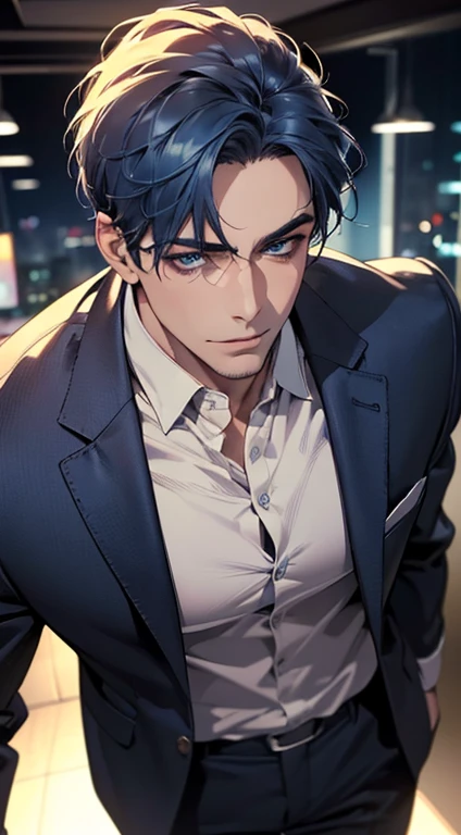(best quality,4k,8k,highres,masterpiece:1.2),ultra-detailed,(realistic,photorealistic,photo-realistic:1.37),1 man,3,mature man,very handsome,without expression,smile,short blue hair,blue eyes,penetrating gaze,perfect face without errors,imposing posture,businessman,office background,cinematic lighting,hdr image