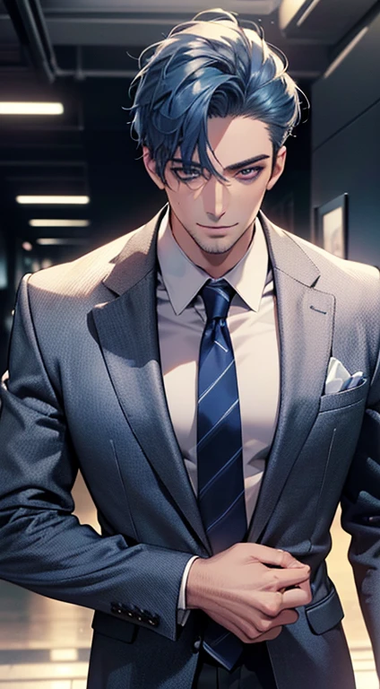 (best quality,4k,8k,highres,masterpiece:1.2),ultra-detailed,(realistic,photorealistic,photo-realistic:1.37),1 man,3,mature man,very handsome,without expression,smile,short blue hair,blue eyes,penetrating gaze,perfect face without errors,imposing posture,businessman,office background,cinematic lighting,hdr image