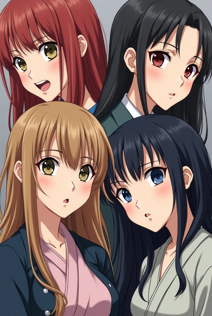Expressionist artwork images of multiple japanese anime characters, faces, 3d style, realistic, 