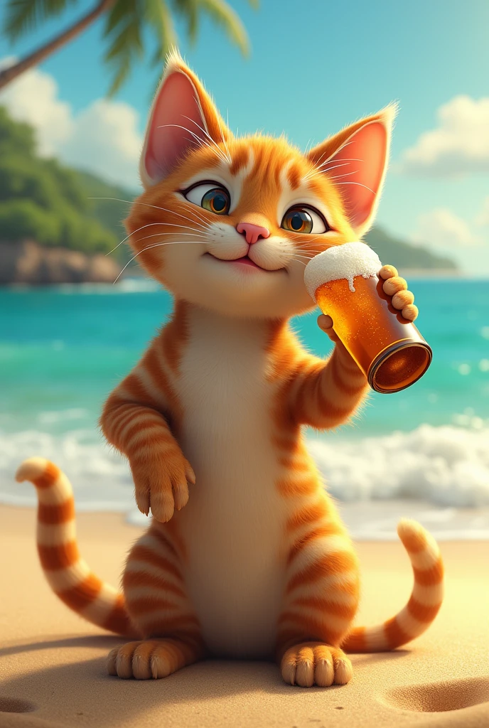 a cat drinking beer on the beach