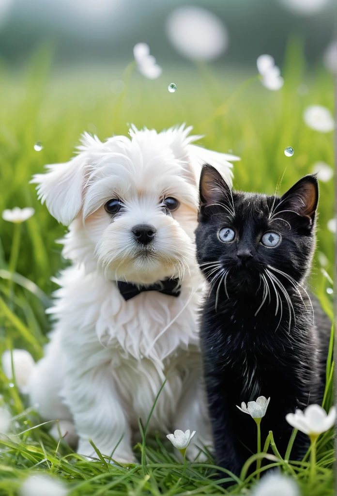 Best quality, surreal 8K stock photo, high resolution, detailed, clear silhouette, realistic 3D texture, happy expression, refreshing feeling, clear and transparent water droplets on the lens, ((1 maltese puppy and 1 black cat, friendship_delicate and intricate details: 1.2)), outdoor, grass, white wild flowers, bright,