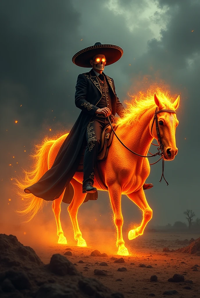 Man dressed as a black charro, skull face, fire in black eyes, riding on a horse of fire, epic and gloomy perspective, seen from the front