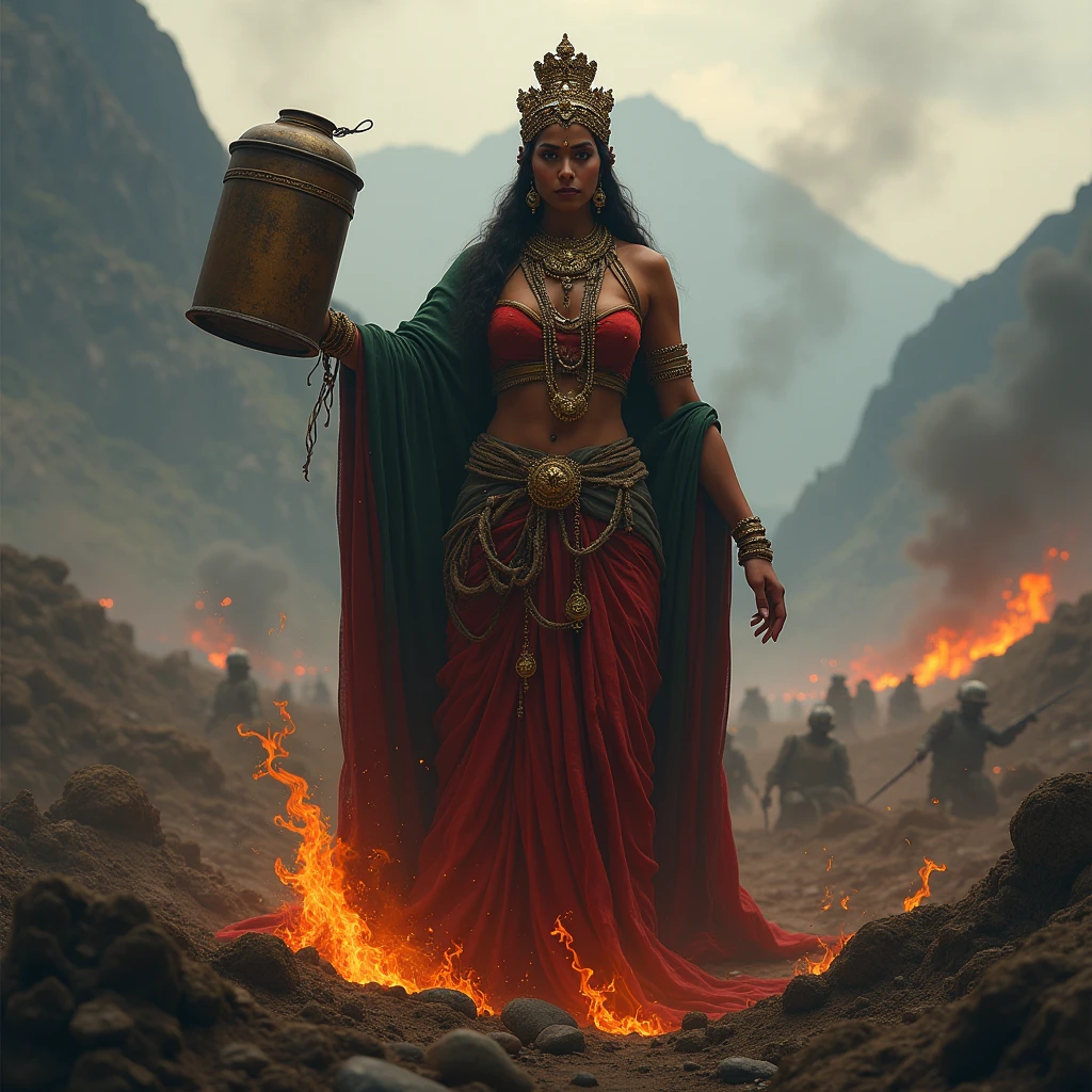 A South Indian queen, who is Hindu, is holding a oil can , with mountains and battlefields in the background , queen make s suicide bomber, she the queen sprinkled oil on herself , she sprinkled oil himself , oil ,