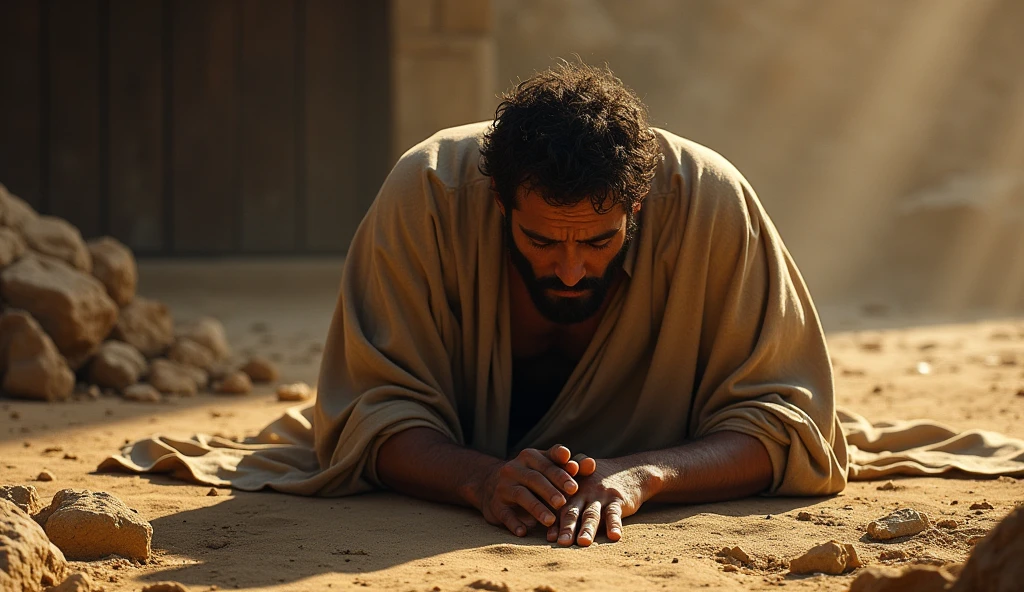 biblical scene in which Job responds to God, as described in Job 42:1-6. Show Job prostrate on the ground, in deep humility and repentance, with head bowed and hands extended downward or crossed over the chest, in a gesture of submission. Your expression should reflect recognition, reverence and contrition, recognizing God's sovereignty and wisdom