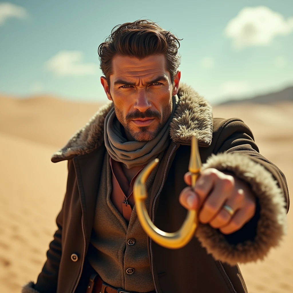 masterpiece, best quality, extremely detailed, hyperrealistic, photorealistic, a cool 40s man, ultra detailed face:1.2, fur-trimmed coat, scarf around the neck, his left hand is a golden pirate hook:1.1, desert, artistic jump, strenuous movements, dynamic angle
