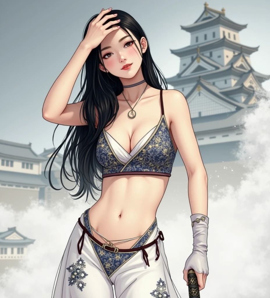 Japanese beauty, 20 years old，Slim and cute、The side of the chest is raised.、Eye slits、I can see from head to toe.，The chest is very large.、The background is a Japanese castle.、High quality photos、clear, Sharp lower body image、Masterpiece 8K、smile、Kunoichi&#39;Kimono、Holding a sword in the right hand、ready