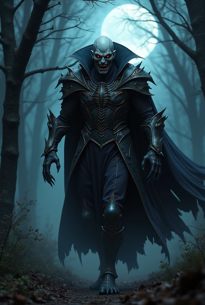 A terrifying vampire in the forest dressed as a warrior on a full moon night