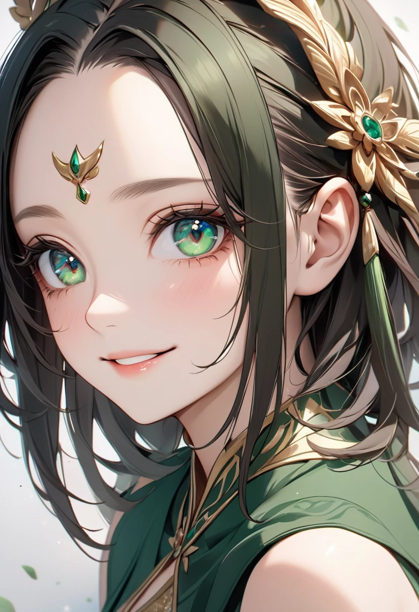 8K,high res,Skin details, Beautiful facial features, Exquisite makeup, Exquisite eyes, Eye detail,smile,forehead,dark hair,dark-green tops