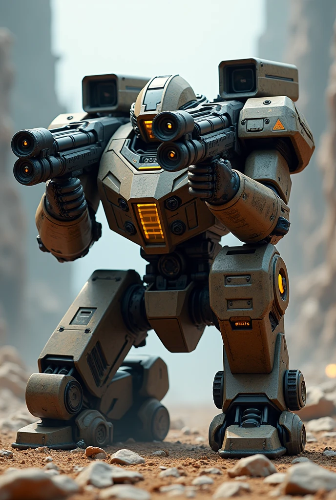(Highest quality), Detailed Background,sf、Future Weapons、 Carried on both shoulders(100mm twin long-range gun +Large magazine)、Armed Mecha、、Kneeling、In combat、