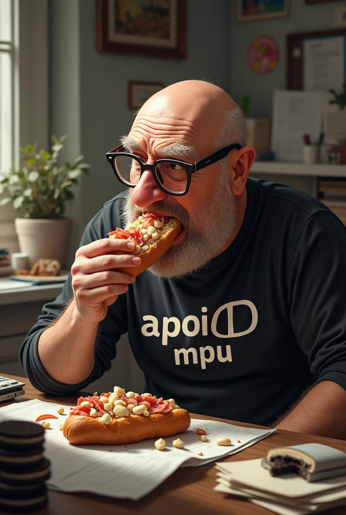 white male, aged 50, very bald, cheeky, Scrawny, but very pot-bellied, wrinkled face, wearing glasses, eating baguette with lots of ham, leaning against a cluttered computer desk, stacks of papers, Oreo crumbs and cookies. Wearing a black shirt with the phrase APOI0 MPU