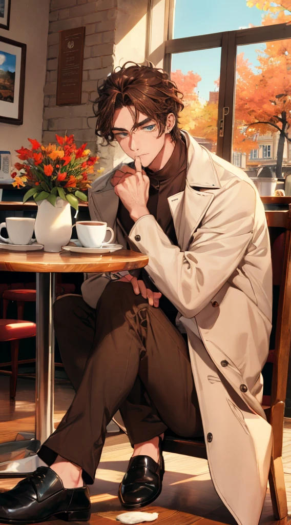 (Masterpiece, hiquality, absurdress), 1male, dark hair, Wavy Hair, The eyes are green, a perfect face, sports body, solo,  Male body, male focus, Detailed eyes and face,  Cozy café, lots of flowers, a table, Drinking coffee, Eat Cake, sitting at a table in a café, Take a selfie, overcoat, shirt, pants, Shoes, Romantic setting, Autumn outside the window