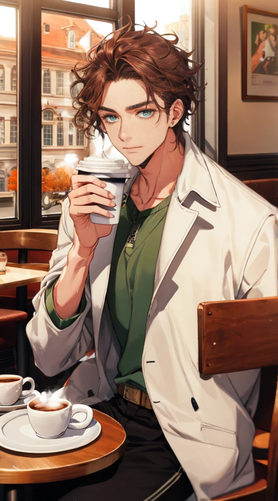 (Masterpiece, hiquality, absurdress), 1male, dark hair, Wavy Hair, The eyes are green, a perfect face, sports body, solo,  Male body, male focus, Detailed eyes and face,  Cozy café, lots of flowers, a table, Drinking coffee, Eat Cake, sitting at a table in a café, Take a selfie, overcoat, shirt, pants, Shoes, Romantic setting, Autumn outside the window