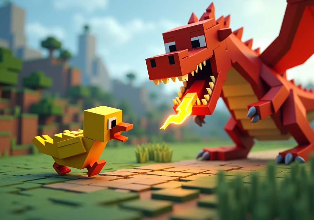 a Minecraft duck running away from a fire breathing dragon, Horizontal image.