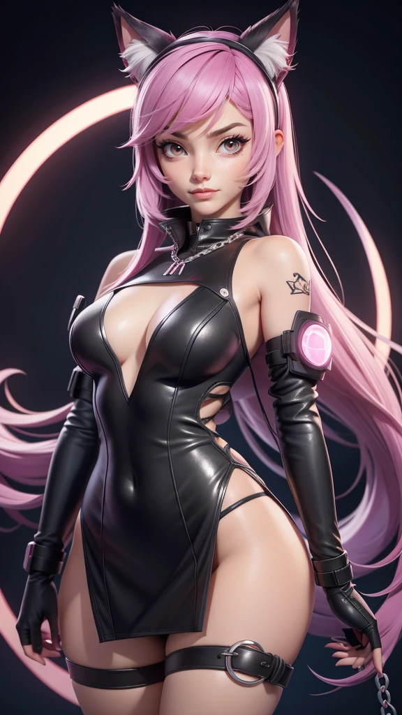 a girl in a revealing black and white underwear with a cat ears and a chain around her, seductive anime girl, showing lots of skin, cyberpunk anime girl, anime cyberpunk art, female cyberpunk anime girl, female anime character, beautiful alluring anime girl, female action anime girl, with red glowing eyes, demon anime girl, anime girl, from arknights, beautiful anime catgirl, anime girl