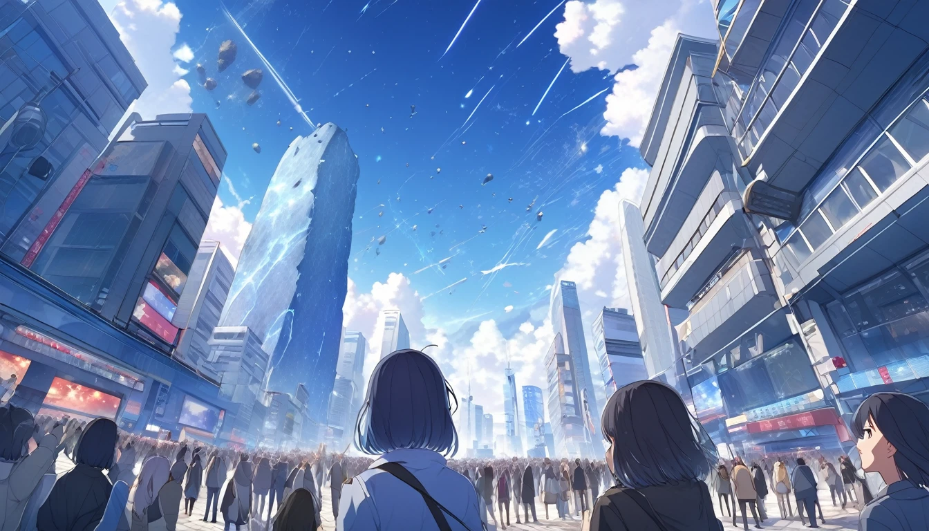 High definition、high resolution、Masterpiece、Looking up at the Tokyo sky、Many people looking down、Some are pointing fingers、blue sky、City、City、Buildings、Giant meteorites、meteorite falling、Makoto Shinkai style、