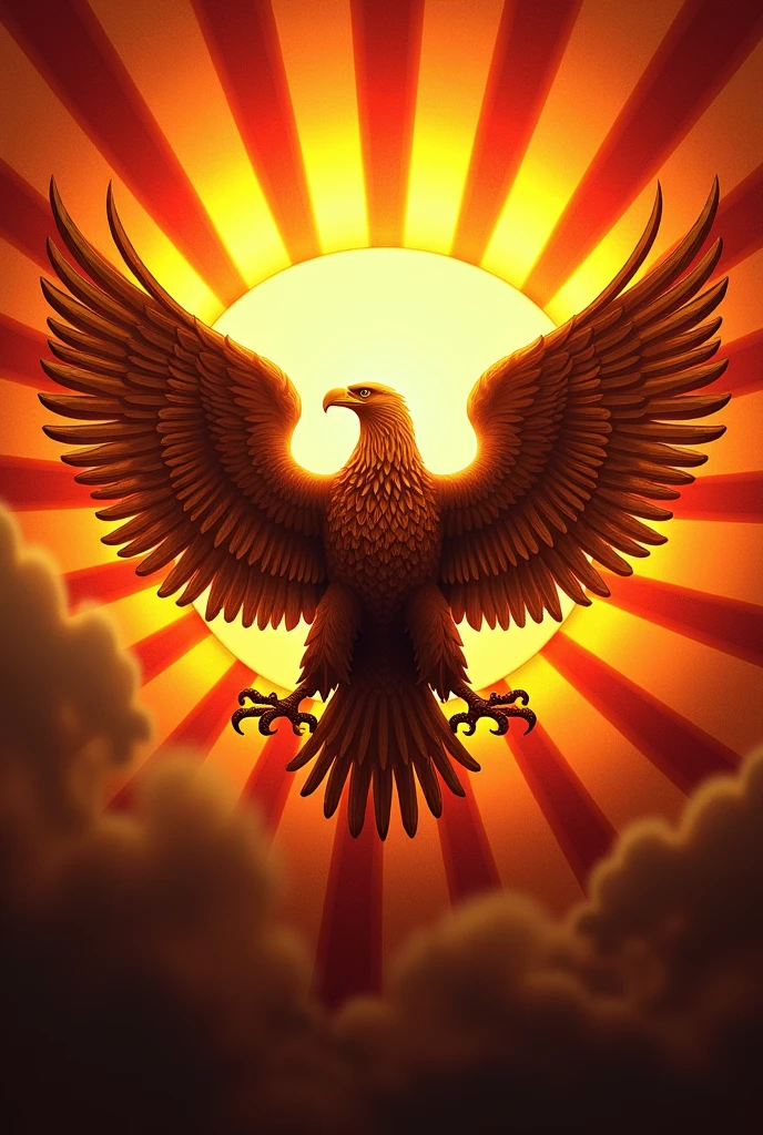 Flag with an eagle drawn in the middle with yellow sun rays coming from behind it