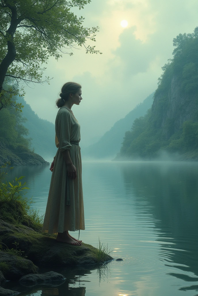 Rona wipes her tears, realizing the impact her sadness has on the lake and the environment. She stands up with determination, and a small smile begins to form on her face. The sky starts to clear up, with sunlight breaking through the clouds.