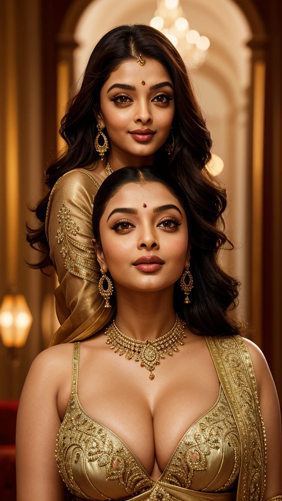 Aishwarya Rai Bachchan, wear,holding kid, bindi, hourglass figure, big breasts, fit, seductive face, look at a camera and smile, high ponytail hair, erotic adult face, 30 yo, soft volumetric lights, intricate details, (ArtStation:1.2)