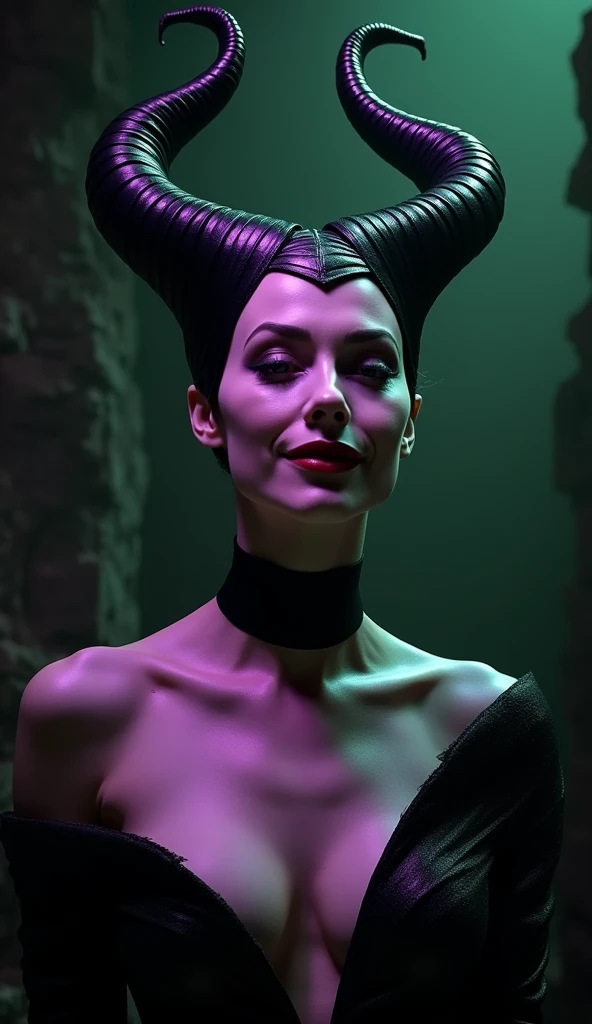 A stunning portrait of Maleficent, emphasis on her horns, extra long horns, purple highlights, purple reflected light, in the nude, young and beautiful, hyper realistic, real portrait, backlit, exquisite features, cleavage, sexy, seductive, unnatural light, soft light, location is the interior of a dungeon, green light, eerie, purple highlights:1.4, she is smirking, she is busty, her chin is raised, looking down at viewer, low angle shot, exquisite features, exotic, high cheekbones, show her full horns, her head is tilted back in laughter