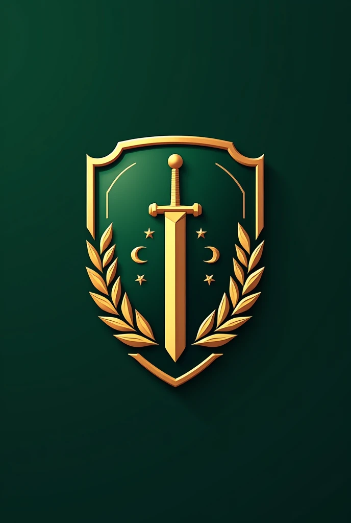 make me a football club logo with the following description :

- Main Form : Shield - Color : Dark green and gold (symbolizes faith and strength)
- Main Elements : A sword pointing upwards with a two-pronged blade (symbol of faith)
- Decorations : Laurel wreath around the sword (symbol of victory)
- Islamic elements : Crescent moon and small star on sword - Club Name : Faith Warriors FC" with elegant and modern fonts, at the top or bottom of the shield