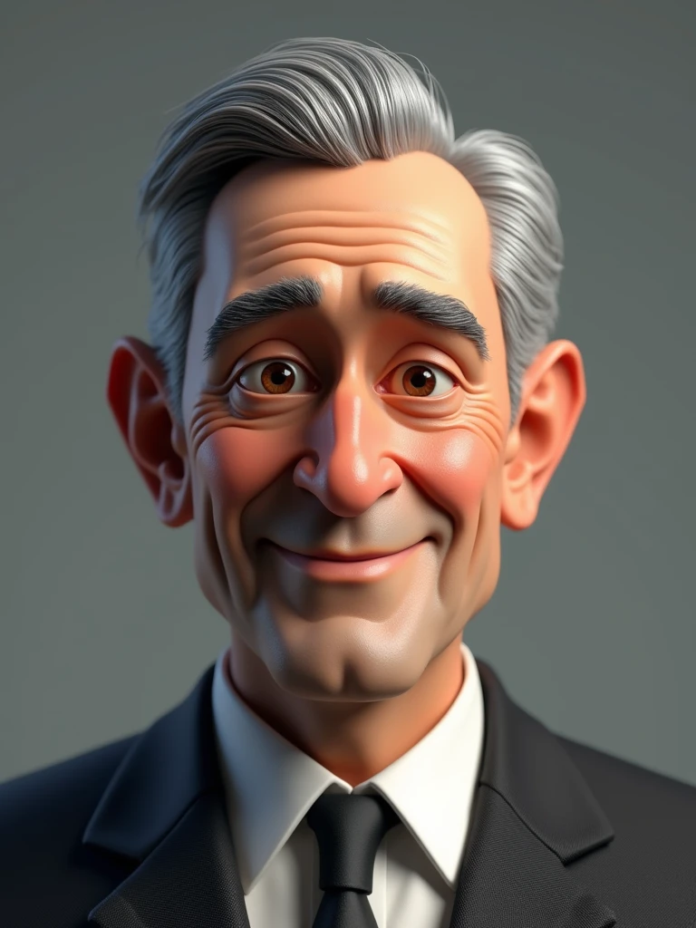 Create a 3D style character, of a 6 man, brown eyes, short gray hair, with a normal mouth, a big and airy nose, thick shadows, wearing dress clothes