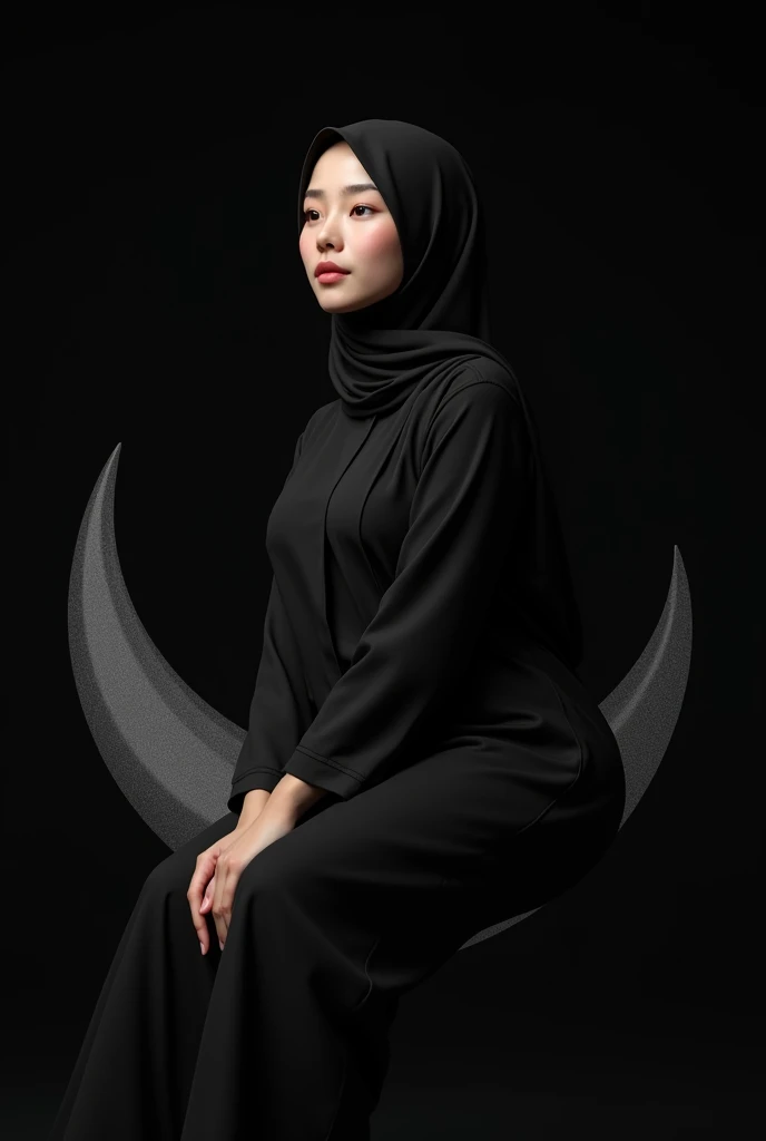 (photorealism:1.2), Asian woman with curve body, wearing hijab, black pajamas, medium, sitting on a crescent moon veil on a plain black background