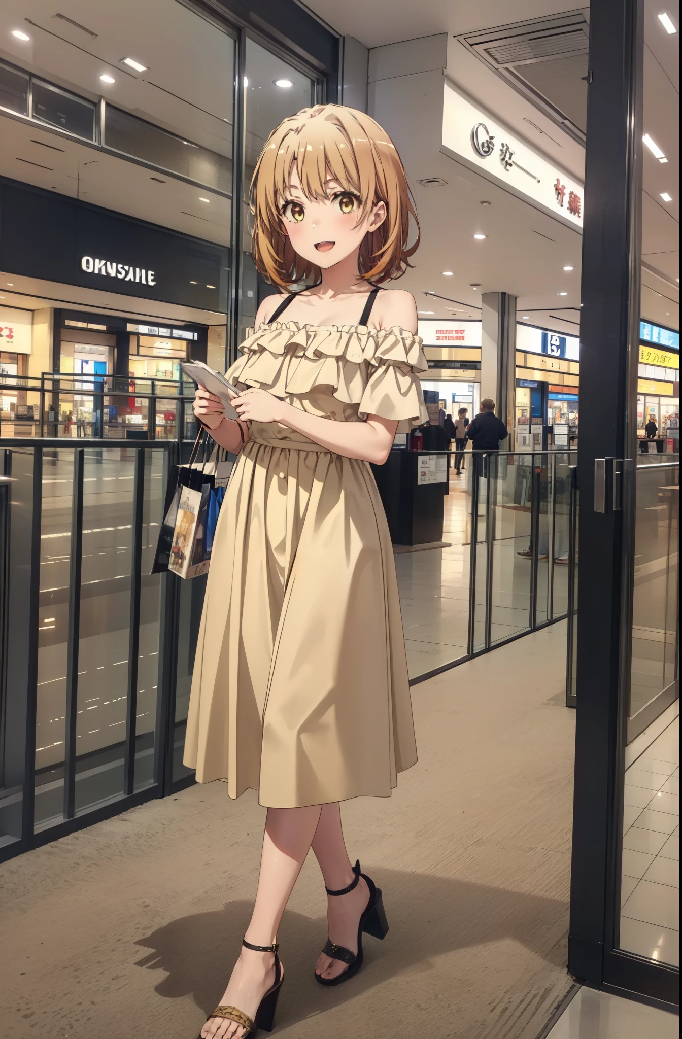 Irohaisshiki, isshiki iroha, short hair, Brown Hair, (Brown eyes:1.5), smile,Open your mouth,smile,Off-the-shoulder yellow dress,mini skirt,Cute heeled sandals,Walking,whole bodyがイラストに入るように,
break indoors,Shopping mall, 
break looking at viewer,whole body,
break (masterpiece:1.2), Highest quality, High resolution, unity 8k wallpaper, (figure:0.8), (Beautiful attention to detail:1.6), Highly detailed face, Perfect lighting, Highly detailed CG, (Perfect hands, Perfect Anatomy),