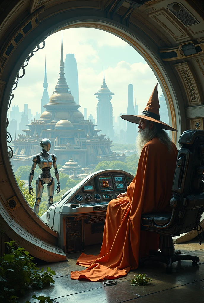 A wizard sits in the cockpit of a spaceship and looks at a futuristic city。Robots walking in nature。Mr.々A scene of architecture from different cultures in harmony。