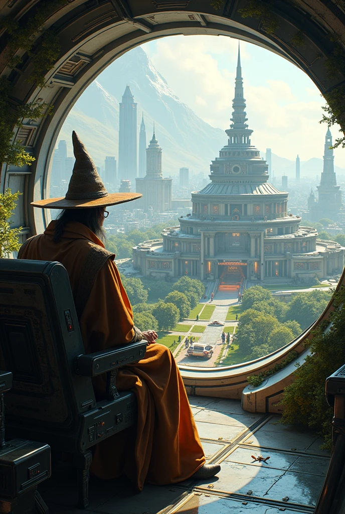 A wizard sits in the cockpit of a spaceship and looks at a futuristic city。Robots walking in nature。Mr.々A scene of architecture from different cultures in harmony。