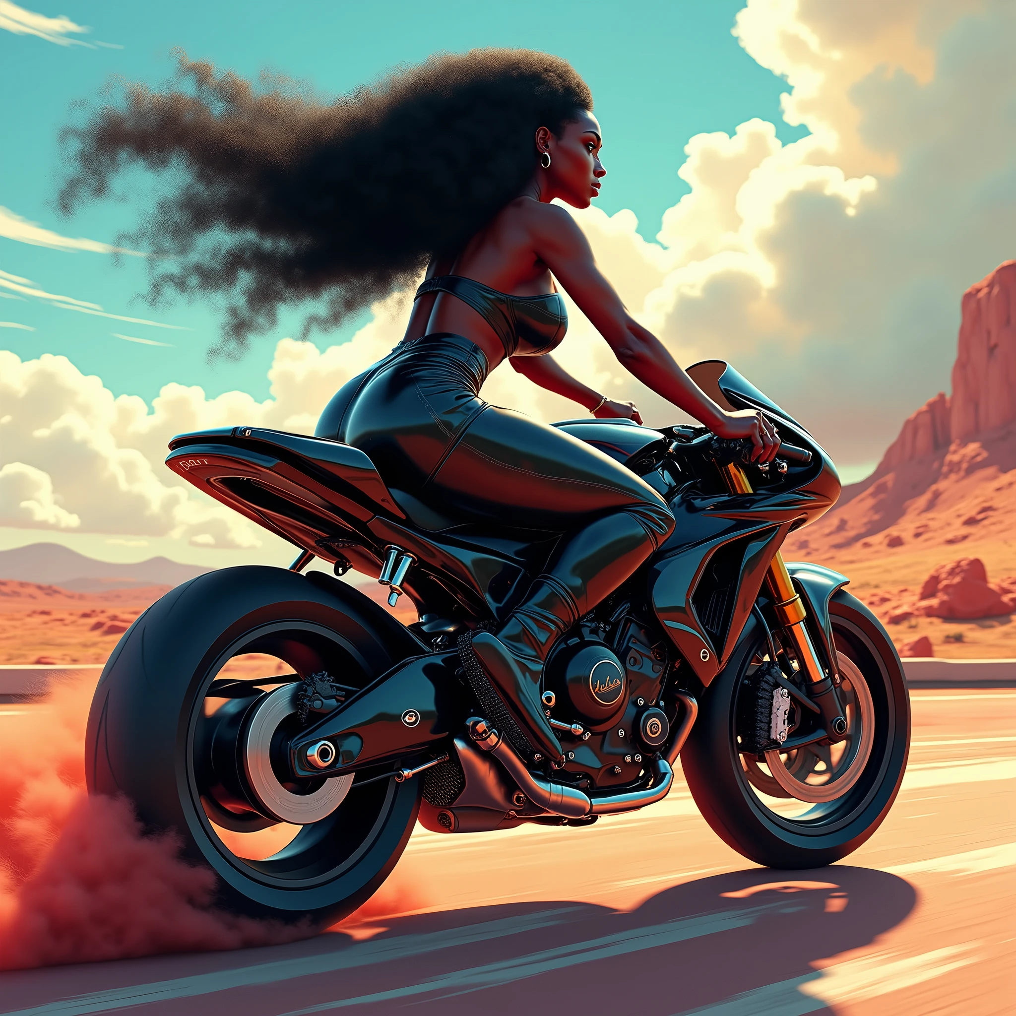 Artwork, surrealism, highly detailed, intricate details, Realistic photo, Hot woman with a beautiful pear-shaped ebony body, long afro curly hair, (giant thighs with giant ass), hourglass waist, leaning over with her ass stuck out, riding a modern black racing motorbike wearing helmet and clothes of motorcycle rider, dynamic rear side view, hyper realistic, vibrant colors with the best UHD 8k quality, use FLUX: dev