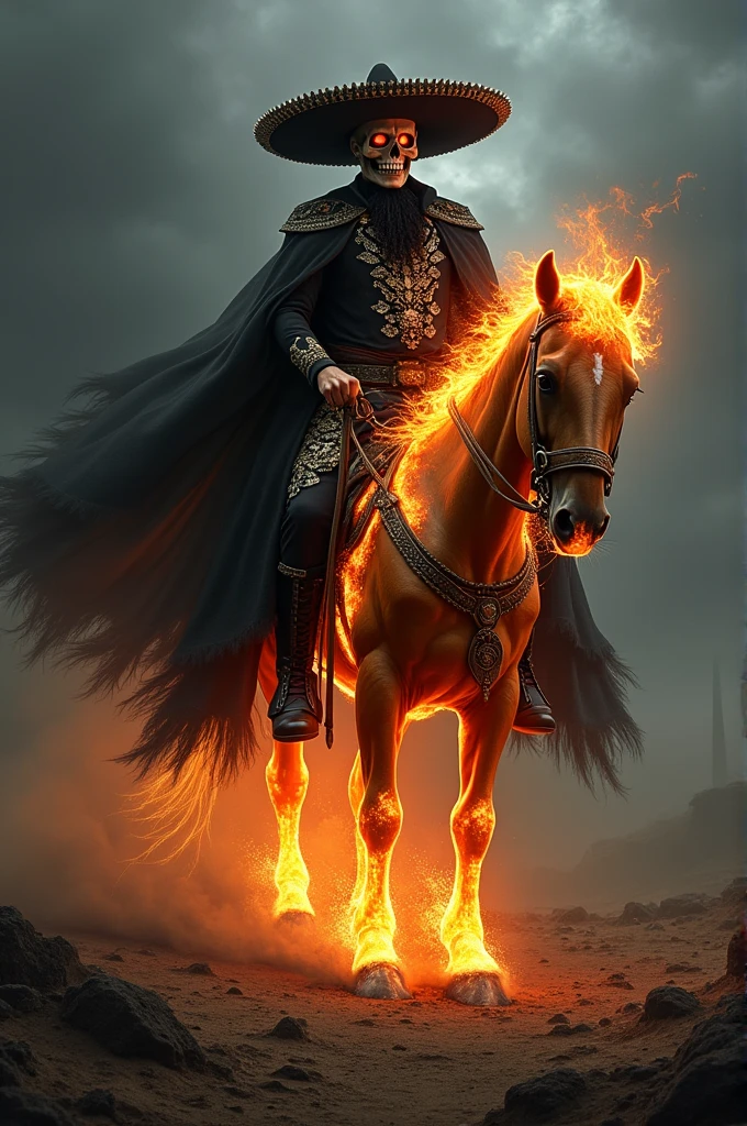 Man dressed as a black charro, skull face, fire in black eyes, riding on a horse of fire, epic and gloomy perspective, seen from the front