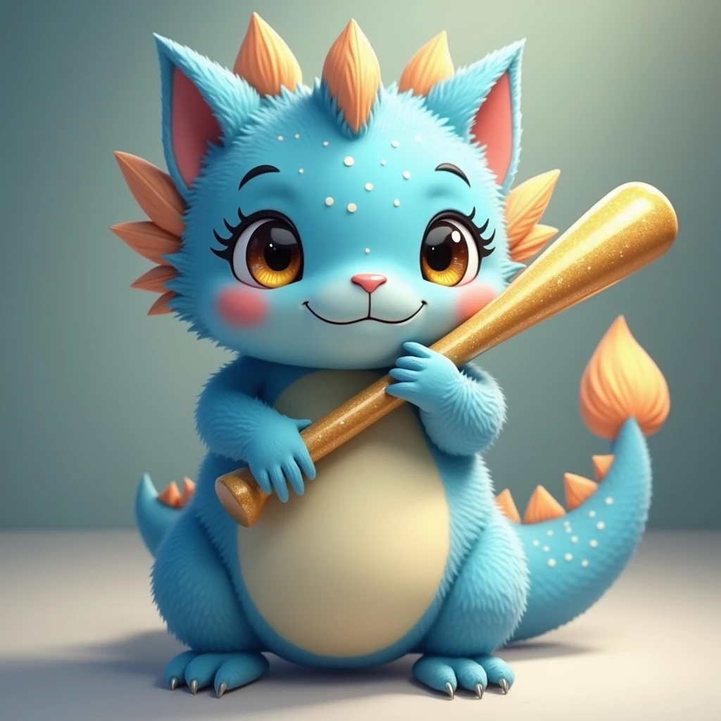 cute chubby round kawaii blue dragon cat, no horns, large eyes, holding golden baseball bat, anime style, detailed portrait, highres, 4k, best quality, photorealistic, masterpiece, extremely detailed, vivid colors, soft lighting