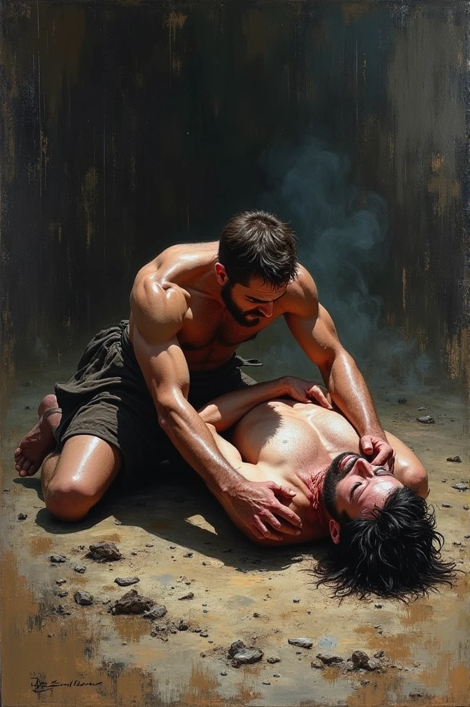 A rough oil paint of a man and his opponent laying dead both defeated
