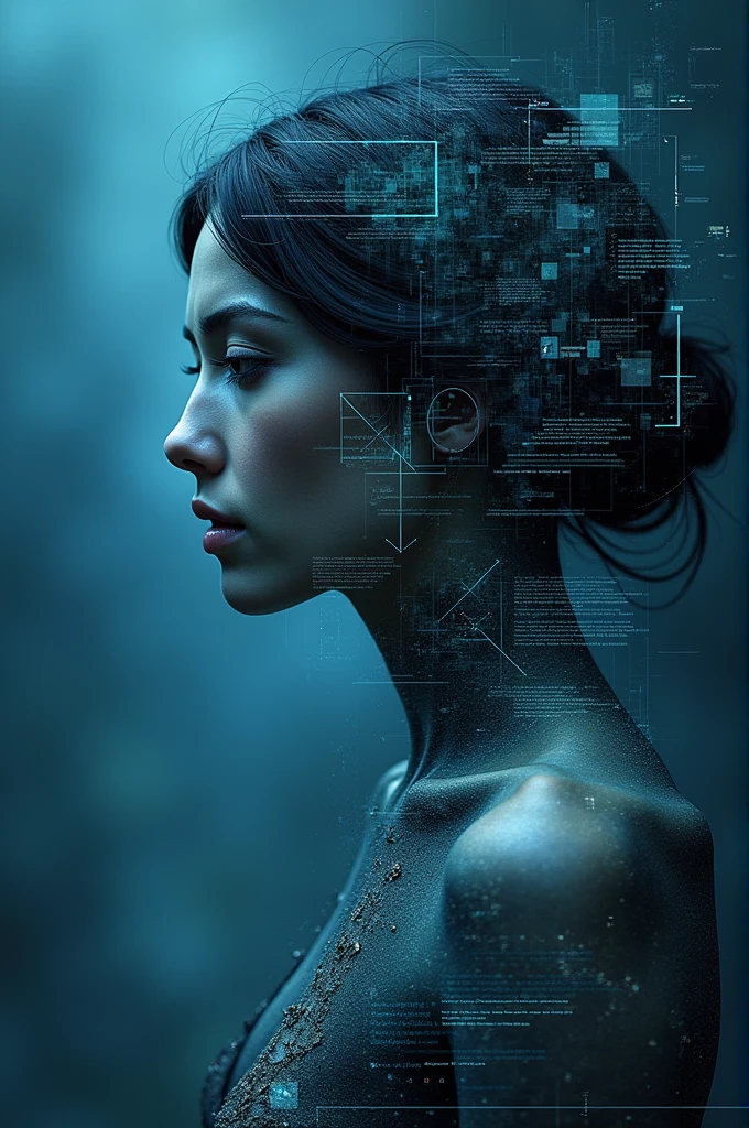 Create a digital collage-style image with multiple overlapping elements, presenting a female version of the central figure. With a dark blue background in a blurred digital footprint