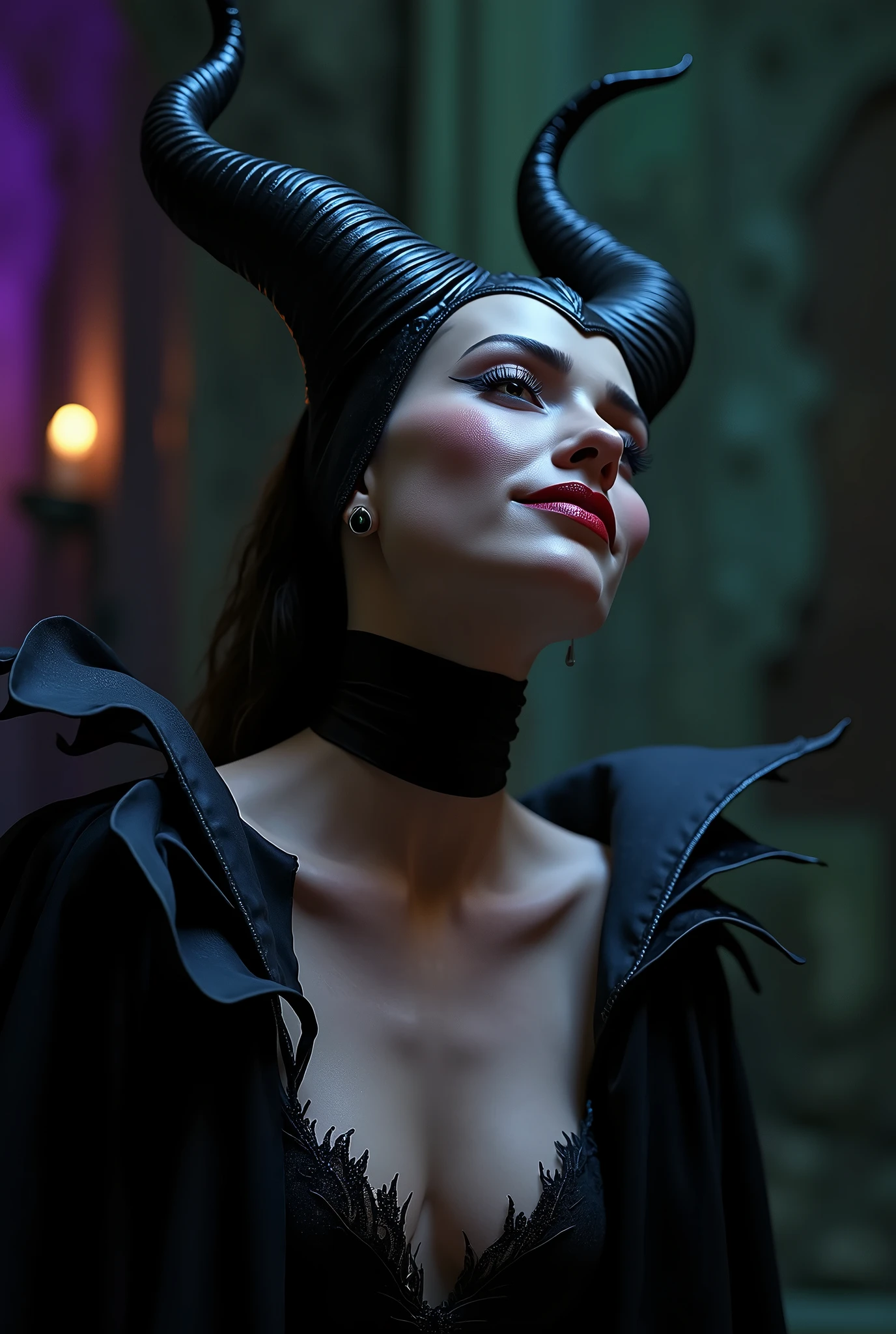 A stunning portrait of Maleficent, emphasis on her horns, extra long horns, purple highlights, purple reflected light, in the nude, young and beautiful, hyper realistic, real portrait, backlit, exquisite features, cleavage, sexy, seductive, unnatural light, soft light, location is the interior of a dungeon, green light, eerie, purple highlights:1.4, she is smirking, she is busty, her chin is raised, looking down at viewer, low angle shot, exquisite features, exotic, high cheekbones, show her full horns, her head is tilted back in laughter