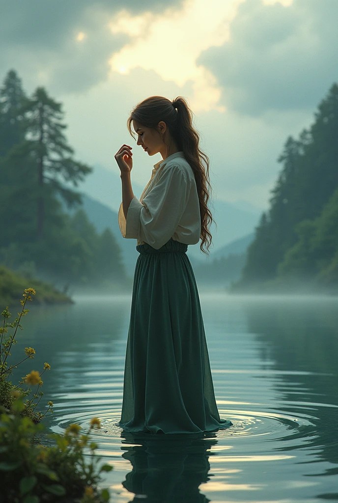 Rona wipes her tears, realizing the impact her sadness has on the lake and the environment. She stands up with determination, and a small smile begins to form on her face. The sky starts to clear up, with sunlight breaking through the clouds.