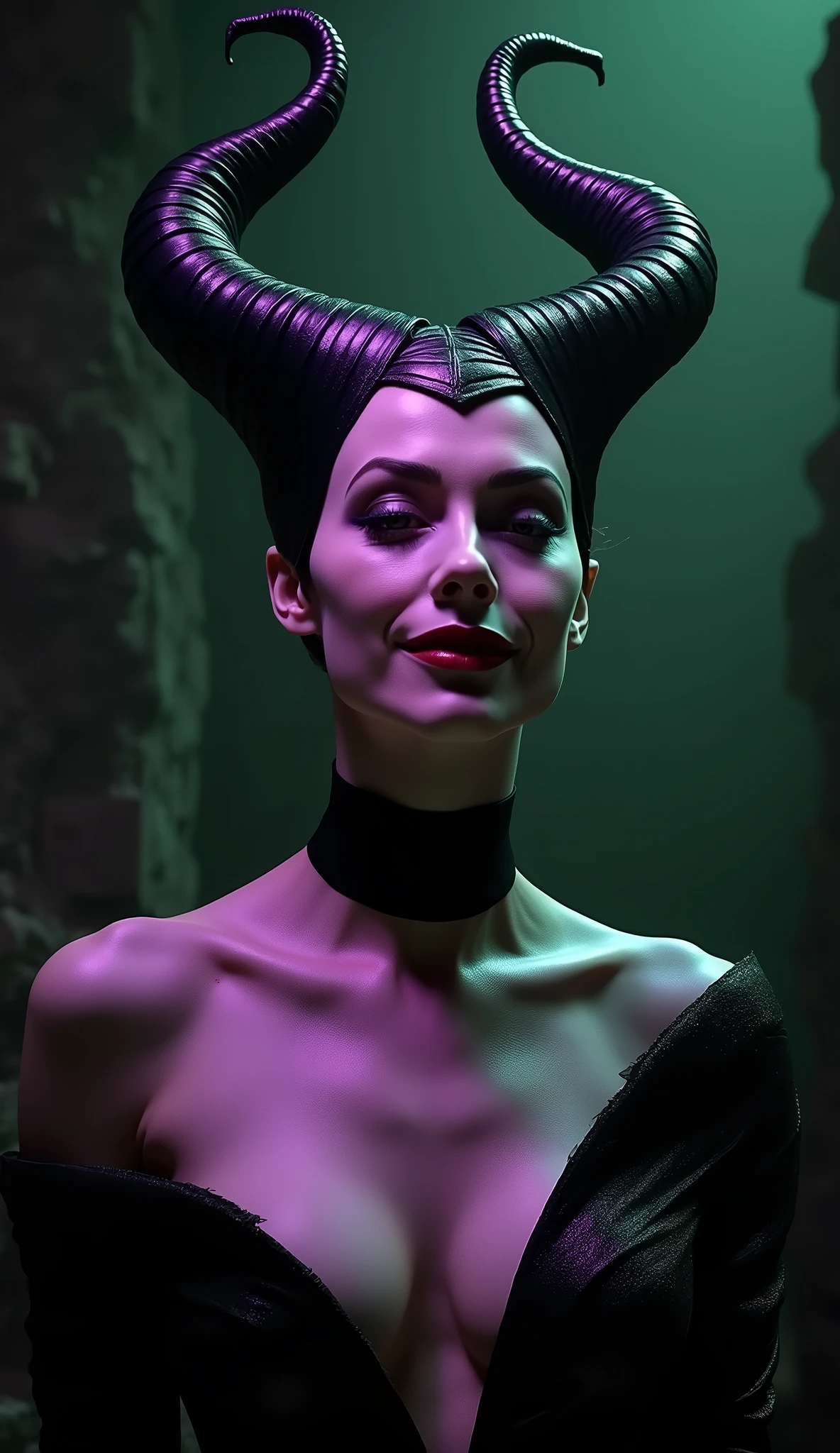 A stunning portrait of Maleficent, emphasis on her horns, extra long horns, purple highlights, purple reflected light, in the nude, young and beautiful, hyper realistic, real portrait, backlit, exquisite features, cleavage, sexy, seductive, unnatural light, soft light, location is the interior of a dungeon, green light, eerie, purple highlights:1.4, she is smirking, she is busty, her chin is raised, looking down at viewer, low angle shot, exquisite features, exotic, high cheekbones, show her full horns, her head is tilted back in laughter