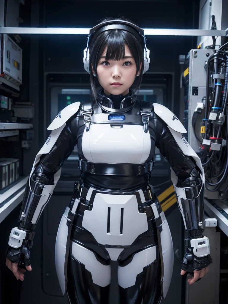 Japanese female android,Black Hair,Suspended from the ceiling by harness belts,Plump,Slightly thicker,Squat,White robot suit,There is a control panel on the chest.,Robotic arms and legs,A room filled with machines,
