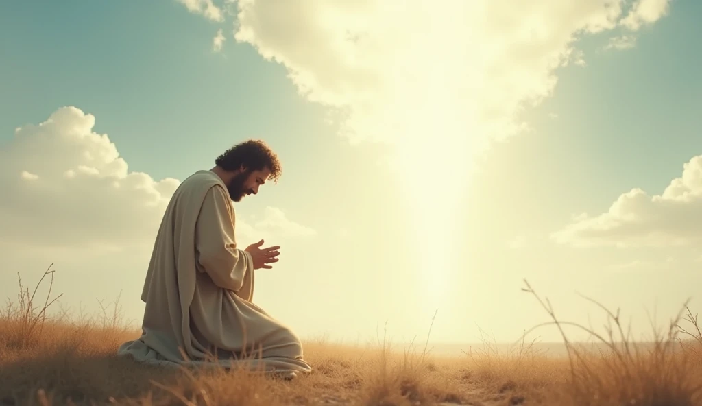 Create an image of Job prostrate on the ground, in humility, with head bowed and hands folded, as he answers to God. Show a soft light coming from the sky, suggesting the divine presence. The scenario should be simple, with a clear or partly cloudy sky, reflecting Job's reverence and acceptance of God's greatness."