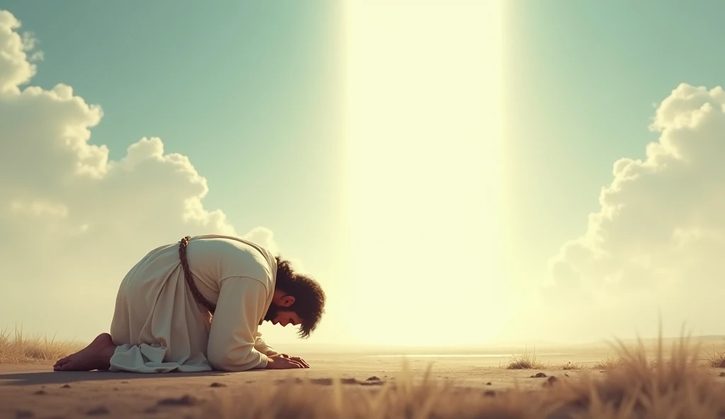 Create an image of Job prostrate on the ground, in humility, with head bowed and hands folded, as he answers to God. Show a soft light coming from the sky, suggesting the divine presence. The scenario should be simple, with a clear or partly cloudy sky, reflecting Job's reverence and acceptance of God's greatness."