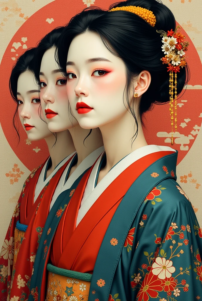 Expressionist artwork images of multiple japanese women, 3d style, 