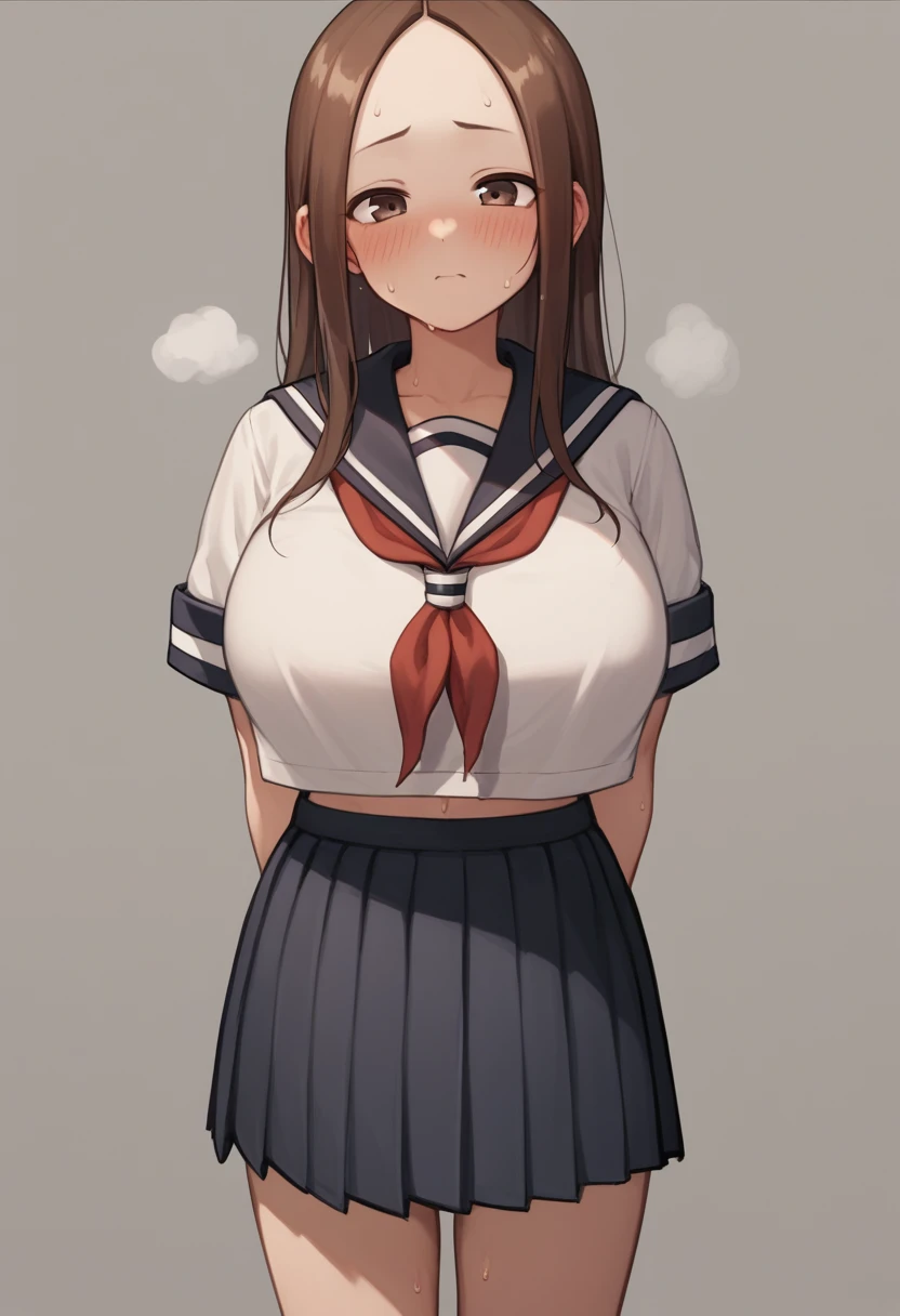 Huge breasts、blush、Sweat、In the heat、takagi-san,school_uniform, serafuku, skirt, sailor_collar,bare forehead, long_hair, black_sailor_collar, pleated_skirt, brown_eyes,brown_hair,short_sleeves, black_skirt,red_neckerchief,
{Highest quality}, {so beautiful}, {Very detailed}, {Best illustrations},Life、slim:1.5、Are standing、