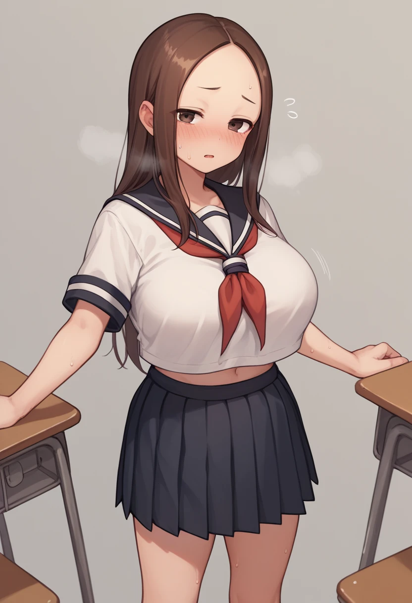 Huge breasts、blush、Sweat、In the heat、takagi-san,school_uniform, serafuku, skirt, sailor_collar,bare forehead, long_hair, black_sailor_collar, pleated_skirt, brown_eyes,brown_hair,short_sleeves, black_skirt,red_neckerchief,
{Highest quality}, {so beautiful}, {Very detailed}, {Best illustrations},Life、slim:1.5、Are standing、