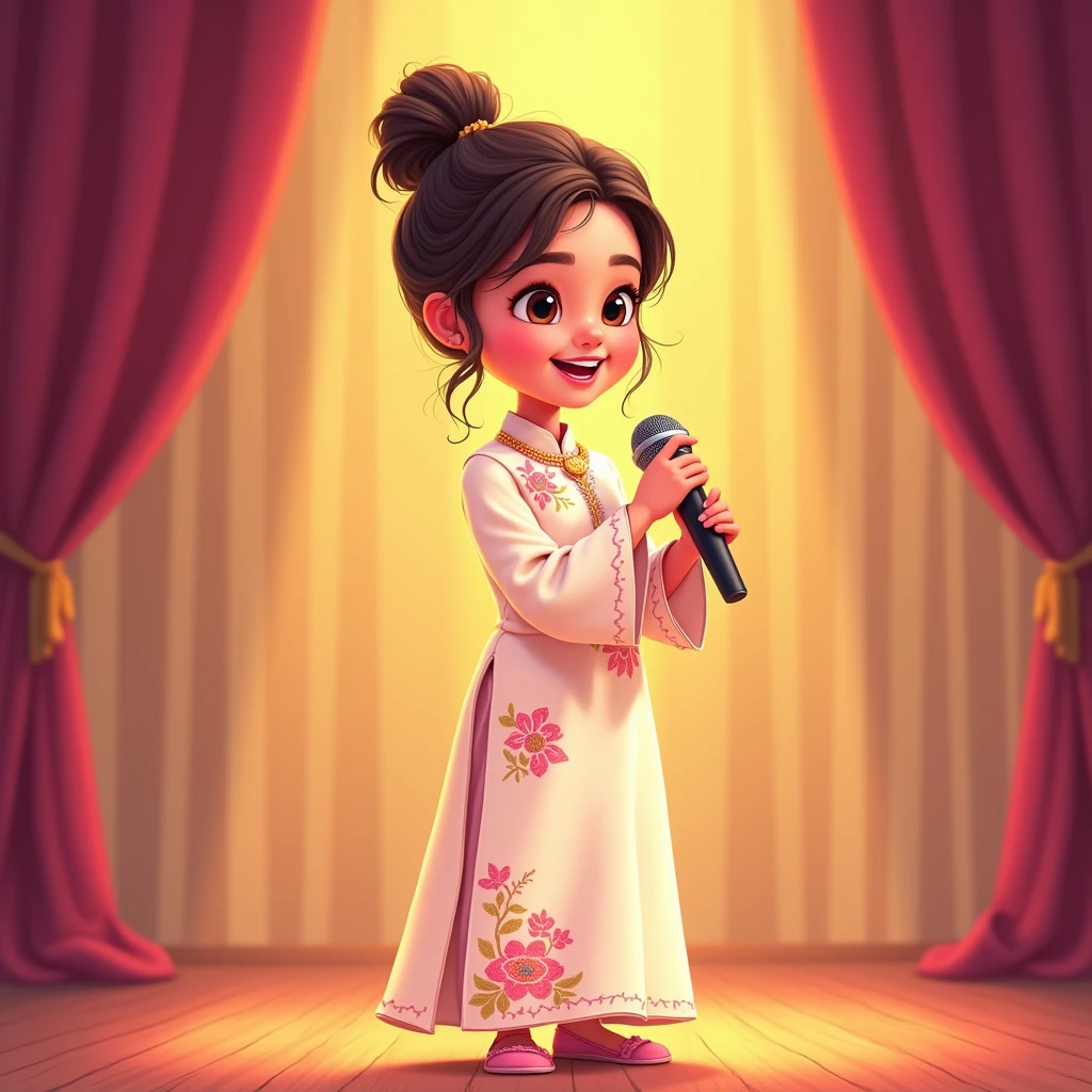 Lily, (highest quality, 4k, masterpiece:1.3), A young Pakistani Muslim girl wearing a traditional cream shalwar kameez with pink floral embroidery. Her hair is styled in a neat bun with loose strands framing her face, as seen in previous images. She claps one hand against the microphone, looking towards the audience with a joyful expression. The image is in a 2D animation style, with bright colors, cartoonish features, and soft, smooth shading. The background shows soft curtains, warm stage lighting, and a playful, joyful atmosphere. Clear outlines, simple textures, and an illustrated, digital painting look. (Cream shalwar kameez, pink floral embroidery, consistent outfit:1.3), (same hairstyle as before:1.3), (microphone in hand:1.3), (microphone always visible:1.3)