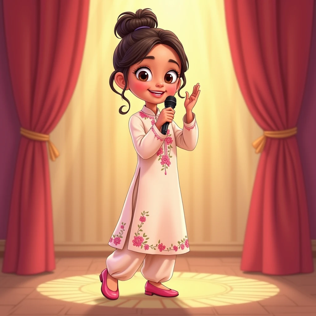 Lily, (highest quality, 4k, masterpiece:1.3), A young Pakistani Muslim girl wearing a traditional cream shalwar kameez with pink floral embroidery. Her hair is styled in a neat bun with loose strands framing her face, as seen in previous images. She claps one hand against the microphone, looking towards the audience with a joyful expression. The image is in a 2D animation style, with bright colors, cartoonish features, and soft, smooth shading. The background shows soft curtains, warm stage lighting, and a playful, joyful atmosphere. Clear outlines, simple textures, and an illustrated, digital painting look. (Cream shalwar kameez, pink floral embroidery, consistent outfit:1.3), (same hairstyle as before:1.3), (microphone in hand:1.3), (microphone always visible:1.3)
