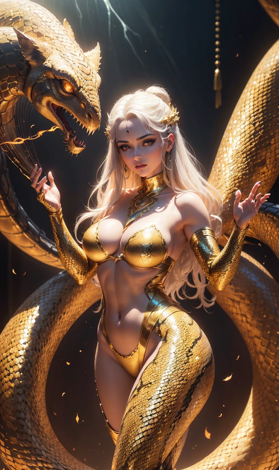 (a large,far away,Female One:1.1,appealing:1.1) snake creature, mesmerizing golden scales, graceful movements, far away and sinuous body, seducing gaze, seductive curves, hypnotic patterns, mysterious aura, enchanting presence, serpentine elegance, mesmerizing silhouette, beautiful and dangerous, captivating charm, seductive allure, lovely eyes, strikingly Female One features, to be mythical and seductive, irresistible magnetism, enchanting presence, appealing e gracioso, deceiving serpent, tempting charm, enchanting fascination, captivating creature, appealing e poderoso, seductive and deadly, mystical and graceful, hypnotic appeal, irresistible and enigmatic. (best qualityer,4K,8k,high resolution,work of art:1.2),ultra detali,(realisitic,photorealisitic,photo-realisitic:1.37),bright coloured,Rich textures,dramatic lighting,Exquisite details,artistic rendering,surreal atmosphere,magical atmosphere,ethereal beauty,Lush Environment,dream quality,supernatural presence, calcinha dourado escuro, calcinha dourada, de calcinha dourada escura